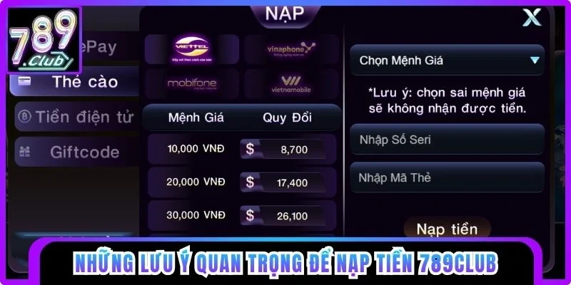 Lưu ý để nạp tiền 789club